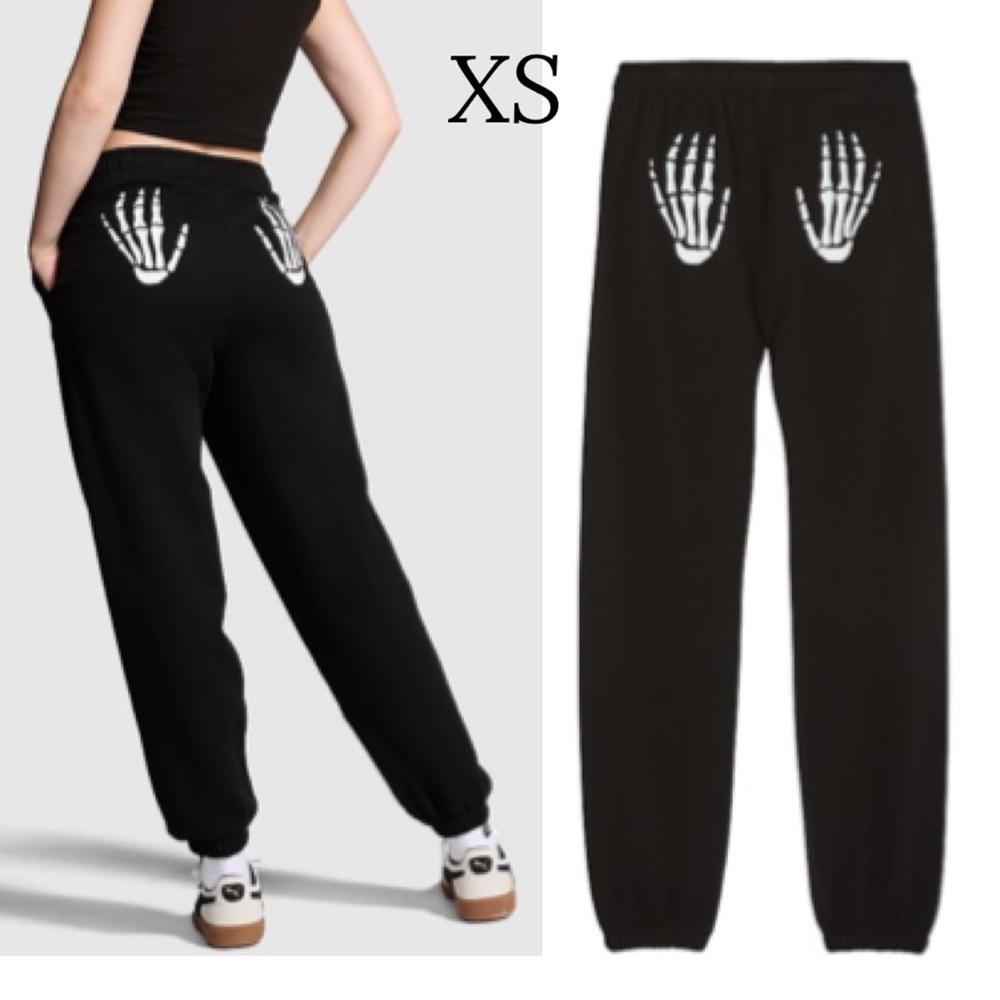 VS PINK IVY FLEECE SWEATPANTS IN PURE BLACK SKELETON HALLOWEEN SIZE EXTRA SMALL
